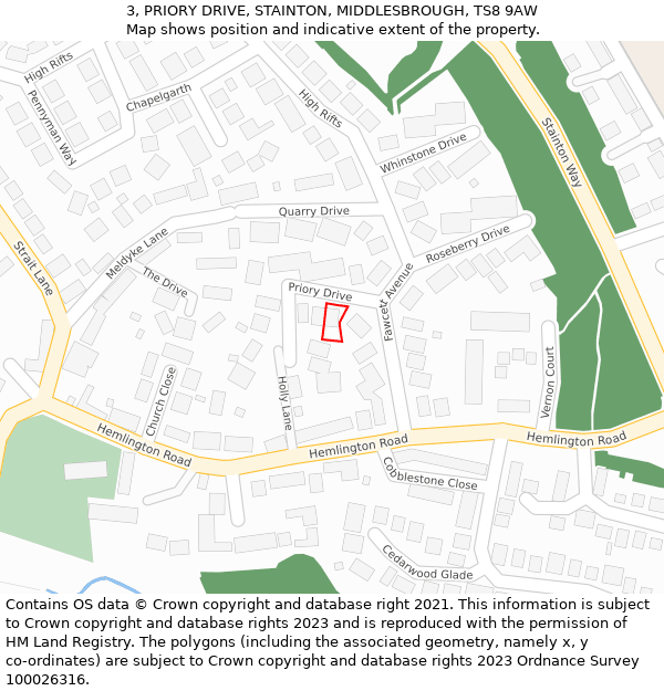 3, PRIORY DRIVE, STAINTON, MIDDLESBROUGH, TS8 9AW: Location map and indicative extent of plot