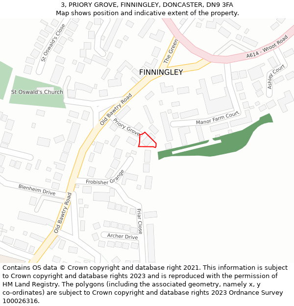 3, PRIORY GROVE, FINNINGLEY, DONCASTER, DN9 3FA: Location map and indicative extent of plot