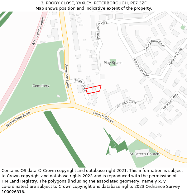 3, PROBY CLOSE, YAXLEY, PETERBOROUGH, PE7 3ZF: Location map and indicative extent of plot