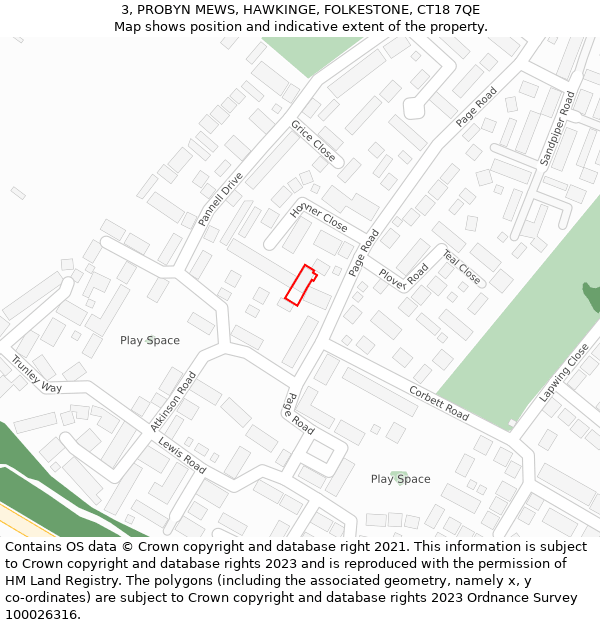 3, PROBYN MEWS, HAWKINGE, FOLKESTONE, CT18 7QE: Location map and indicative extent of plot