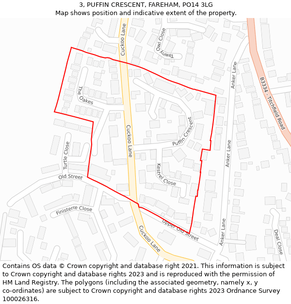 3, PUFFIN CRESCENT, FAREHAM, PO14 3LG: Location map and indicative extent of plot