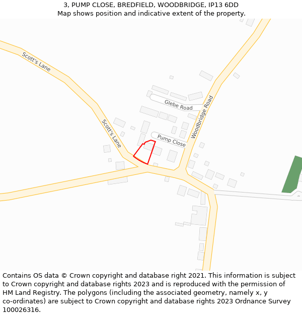 3, PUMP CLOSE, BREDFIELD, WOODBRIDGE, IP13 6DD: Location map and indicative extent of plot