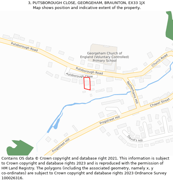 3, PUTSBOROUGH CLOSE, GEORGEHAM, BRAUNTON, EX33 1JX: Location map and indicative extent of plot