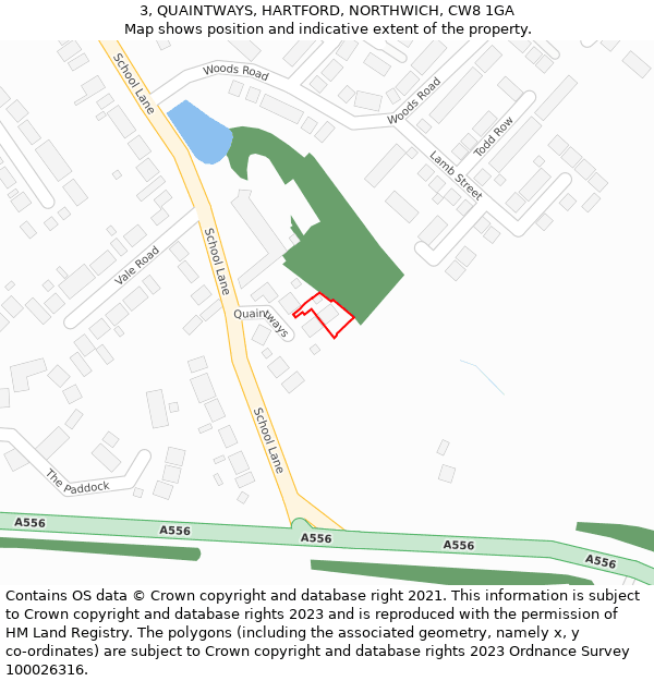 3, QUAINTWAYS, HARTFORD, NORTHWICH, CW8 1GA: Location map and indicative extent of plot