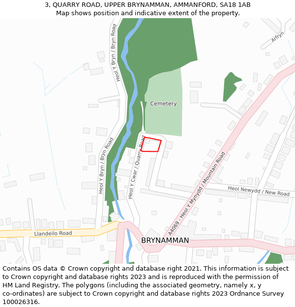 3, QUARRY ROAD, UPPER BRYNAMMAN, AMMANFORD, SA18 1AB: Location map and indicative extent of plot