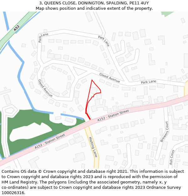 3, QUEENS CLOSE, DONINGTON, SPALDING, PE11 4UY: Location map and indicative extent of plot