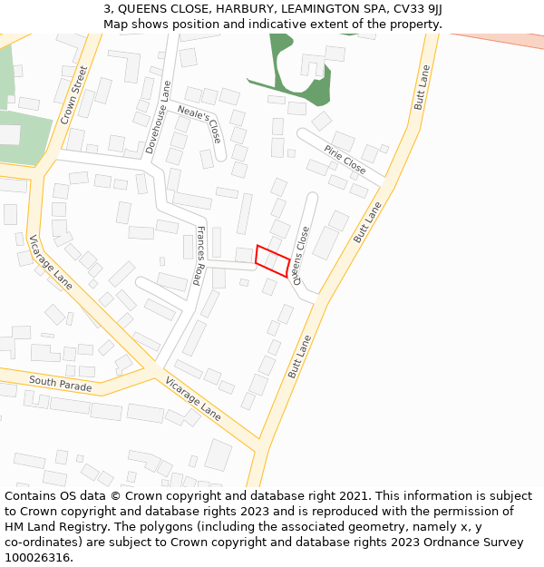 3, QUEENS CLOSE, HARBURY, LEAMINGTON SPA, CV33 9JJ: Location map and indicative extent of plot