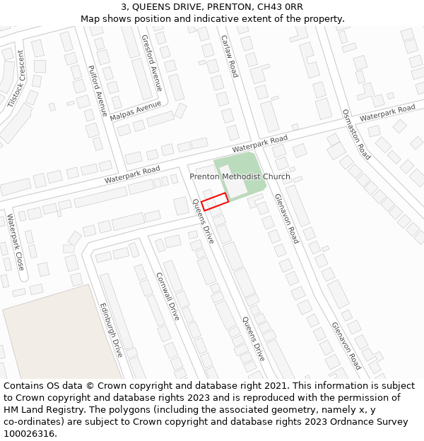 3, QUEENS DRIVE, PRENTON, CH43 0RR: Location map and indicative extent of plot