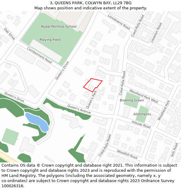3, QUEENS PARK, COLWYN BAY, LL29 7BG: Location map and indicative extent of plot