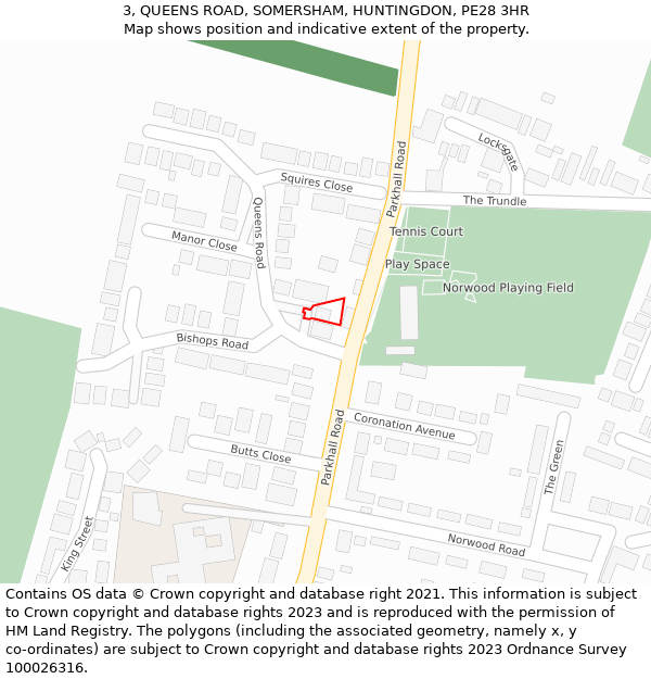 3, QUEENS ROAD, SOMERSHAM, HUNTINGDON, PE28 3HR: Location map and indicative extent of plot