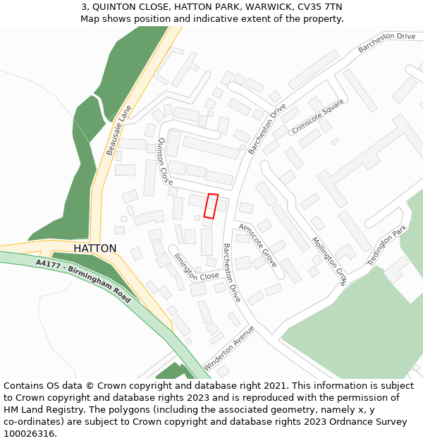 3, QUINTON CLOSE, HATTON PARK, WARWICK, CV35 7TN: Location map and indicative extent of plot