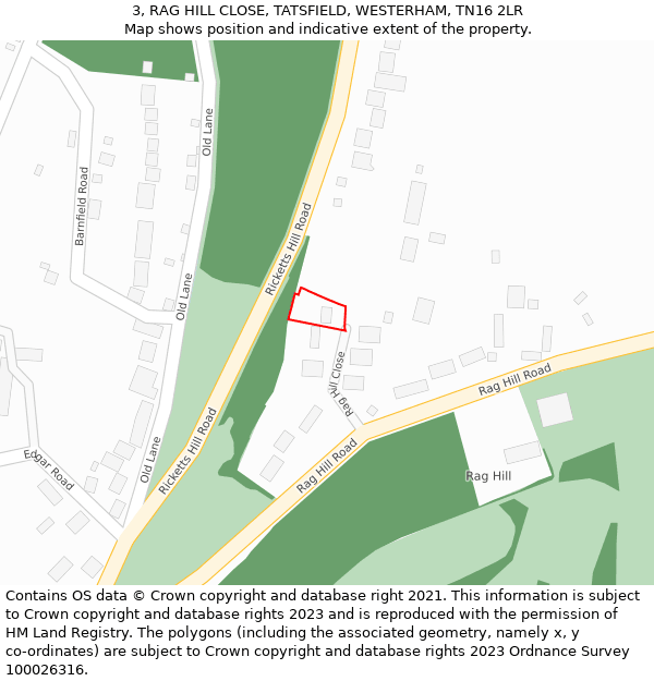 3, RAG HILL CLOSE, TATSFIELD, WESTERHAM, TN16 2LR: Location map and indicative extent of plot