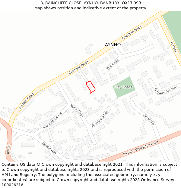 3, RAINCLIFFE CLOSE, AYNHO, BANBURY, OX17 3SB: Location map and indicative extent of plot
