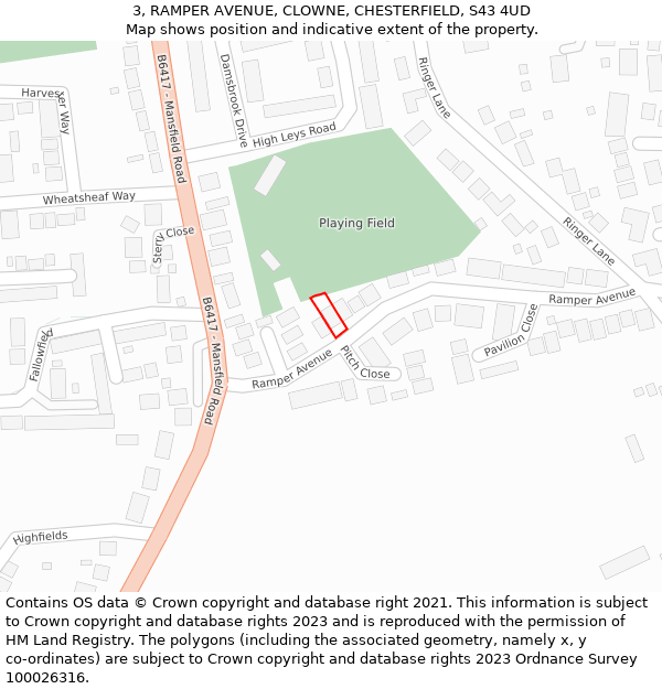 3, RAMPER AVENUE, CLOWNE, CHESTERFIELD, S43 4UD: Location map and indicative extent of plot