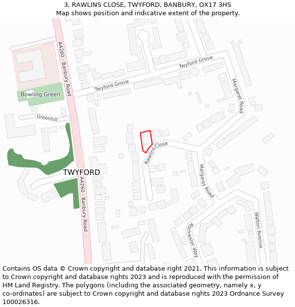 3, RAWLINS CLOSE, TWYFORD, BANBURY, OX17 3HS: Location map and indicative extent of plot