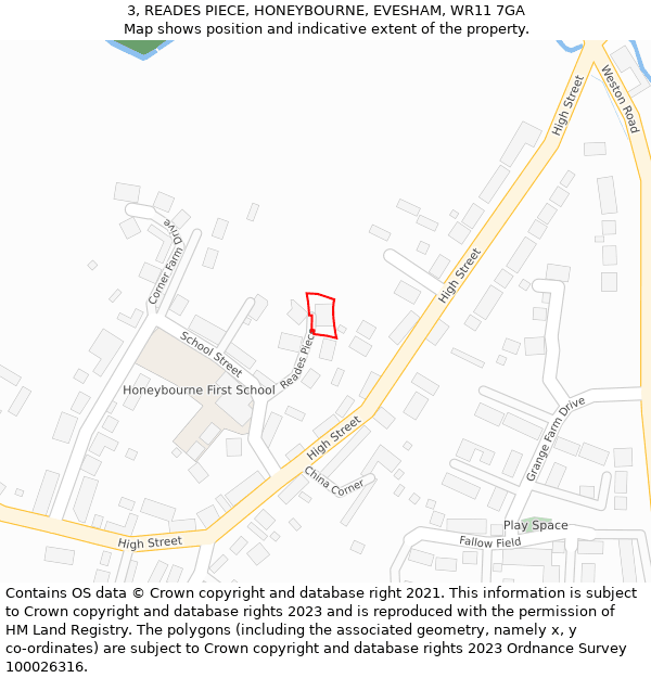 3, READES PIECE, HONEYBOURNE, EVESHAM, WR11 7GA: Location map and indicative extent of plot