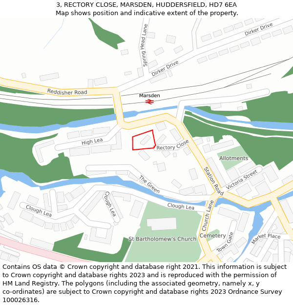 3, RECTORY CLOSE, MARSDEN, HUDDERSFIELD, HD7 6EA: Location map and indicative extent of plot