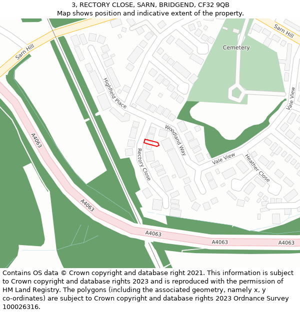 3, RECTORY CLOSE, SARN, BRIDGEND, CF32 9QB: Location map and indicative extent of plot