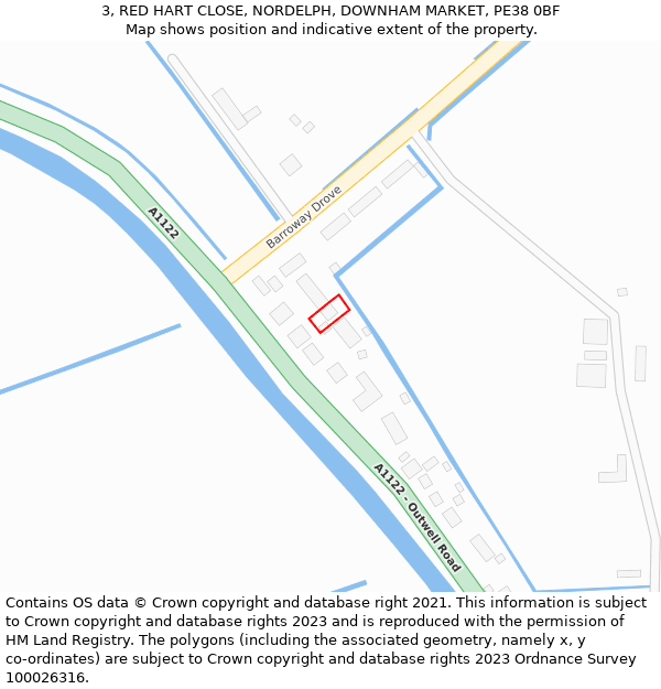 3, RED HART CLOSE, NORDELPH, DOWNHAM MARKET, PE38 0BF: Location map and indicative extent of plot