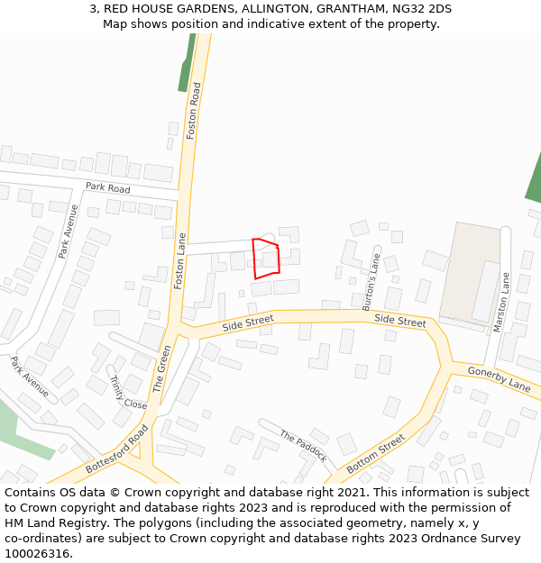 3, RED HOUSE GARDENS, ALLINGTON, GRANTHAM, NG32 2DS: Location map and indicative extent of plot