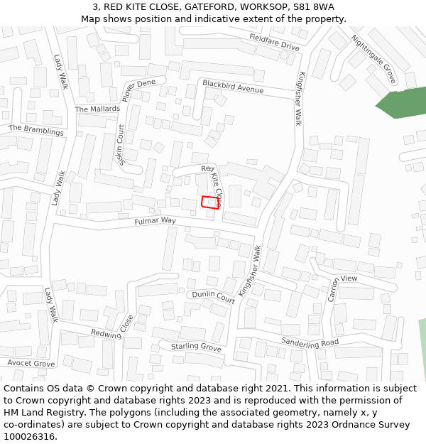 3, RED KITE CLOSE, GATEFORD, WORKSOP, S81 8WA: Location map and indicative extent of plot