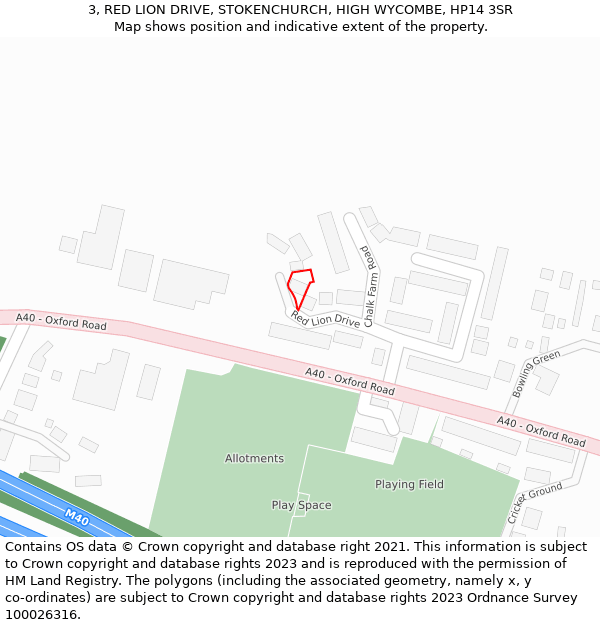 3, RED LION DRIVE, STOKENCHURCH, HIGH WYCOMBE, HP14 3SR: Location map and indicative extent of plot