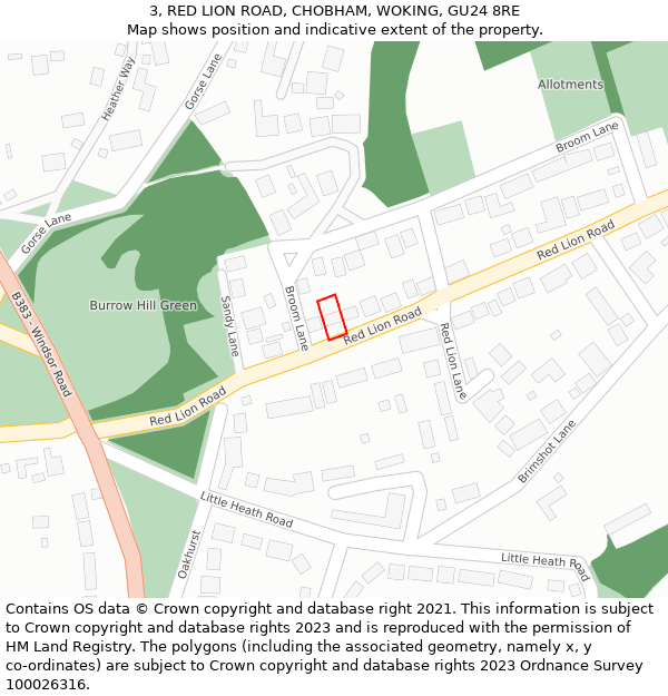 3, RED LION ROAD, CHOBHAM, WOKING, GU24 8RE: Location map and indicative extent of plot