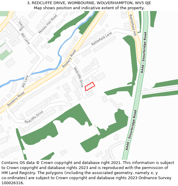3, REDCLIFFE DRIVE, WOMBOURNE, WOLVERHAMPTON, WV5 0JE: Location map and indicative extent of plot