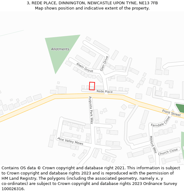 3, REDE PLACE, DINNINGTON, NEWCASTLE UPON TYNE, NE13 7FB: Location map and indicative extent of plot