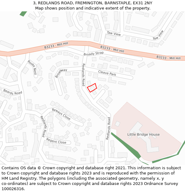 3, REDLANDS ROAD, FREMINGTON, BARNSTAPLE, EX31 2NY: Location map and indicative extent of plot