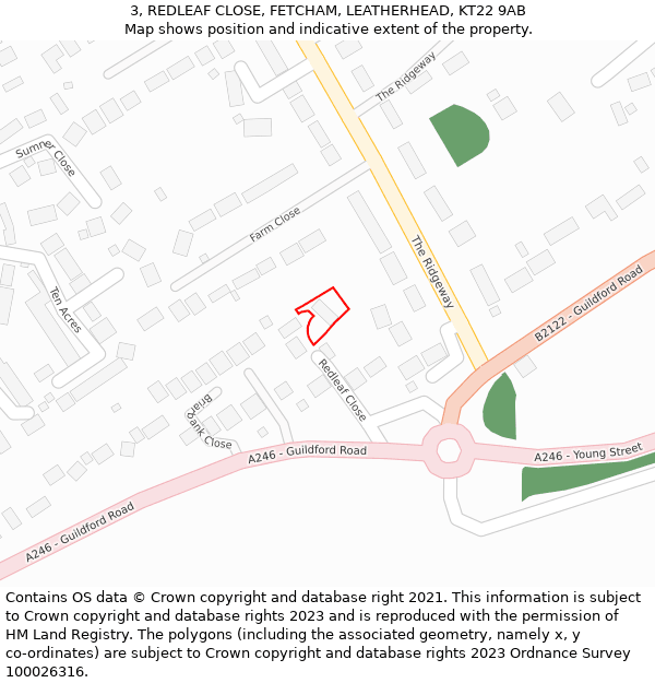 3, REDLEAF CLOSE, FETCHAM, LEATHERHEAD, KT22 9AB: Location map and indicative extent of plot