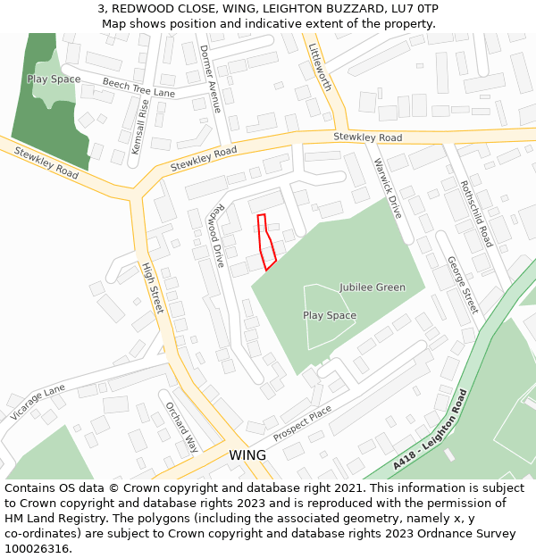 3, REDWOOD CLOSE, WING, LEIGHTON BUZZARD, LU7 0TP: Location map and indicative extent of plot