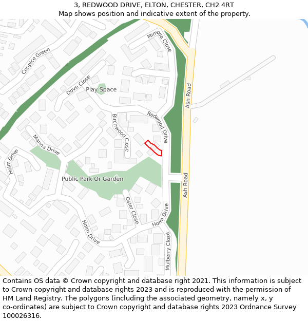 3, REDWOOD DRIVE, ELTON, CHESTER, CH2 4RT: Location map and indicative extent of plot