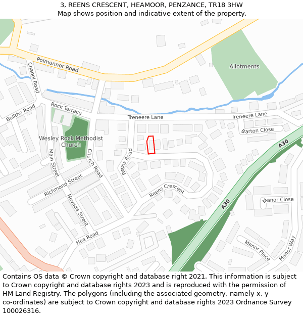 3, REENS CRESCENT, HEAMOOR, PENZANCE, TR18 3HW: Location map and indicative extent of plot