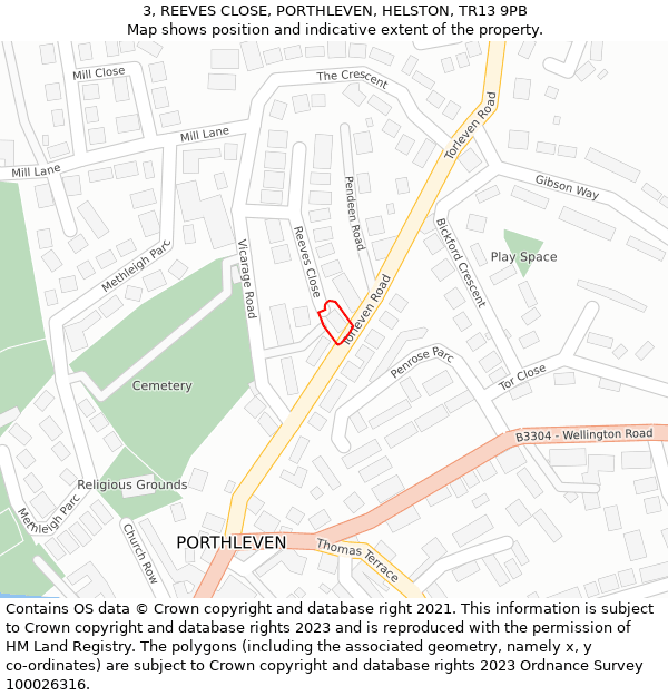 3, REEVES CLOSE, PORTHLEVEN, HELSTON, TR13 9PB: Location map and indicative extent of plot