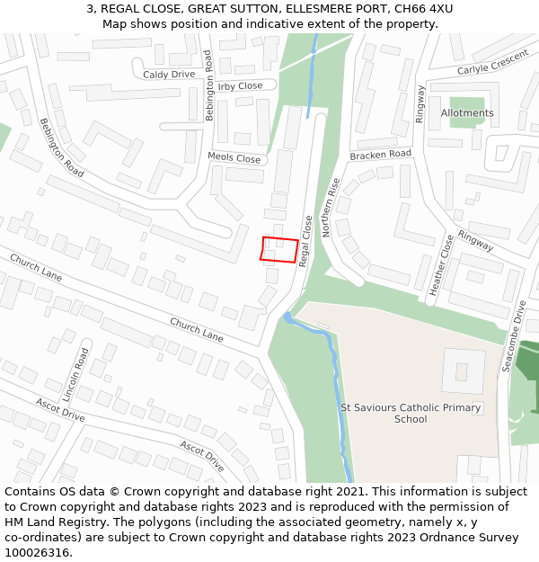 3, REGAL CLOSE, GREAT SUTTON, ELLESMERE PORT, CH66 4XU: Location map and indicative extent of plot