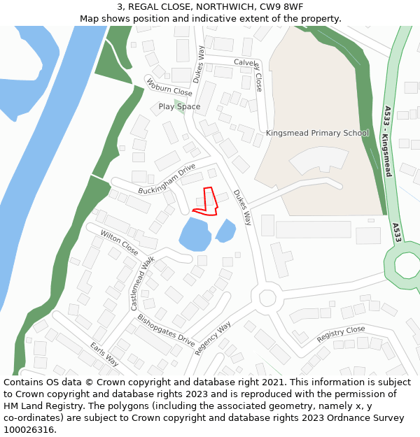 3, REGAL CLOSE, NORTHWICH, CW9 8WF: Location map and indicative extent of plot