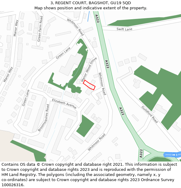 3, REGENT COURT, BAGSHOT, GU19 5QD: Location map and indicative extent of plot