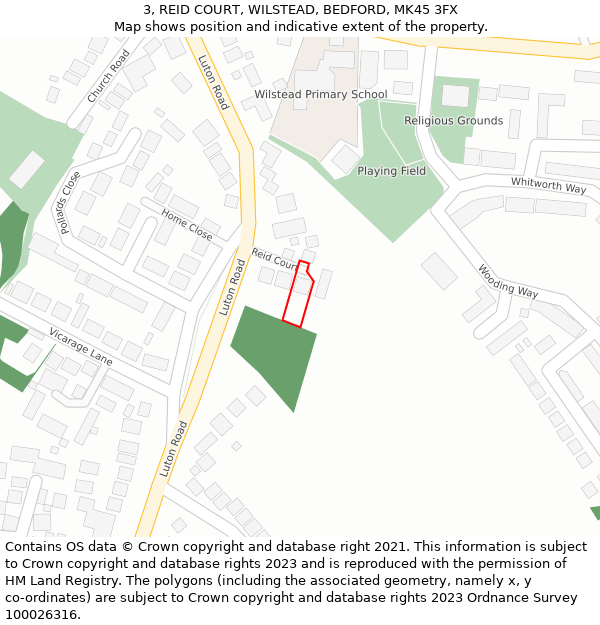 3, REID COURT, WILSTEAD, BEDFORD, MK45 3FX: Location map and indicative extent of plot