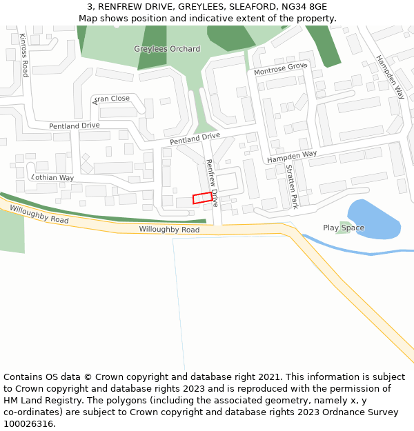 3, RENFREW DRIVE, GREYLEES, SLEAFORD, NG34 8GE: Location map and indicative extent of plot