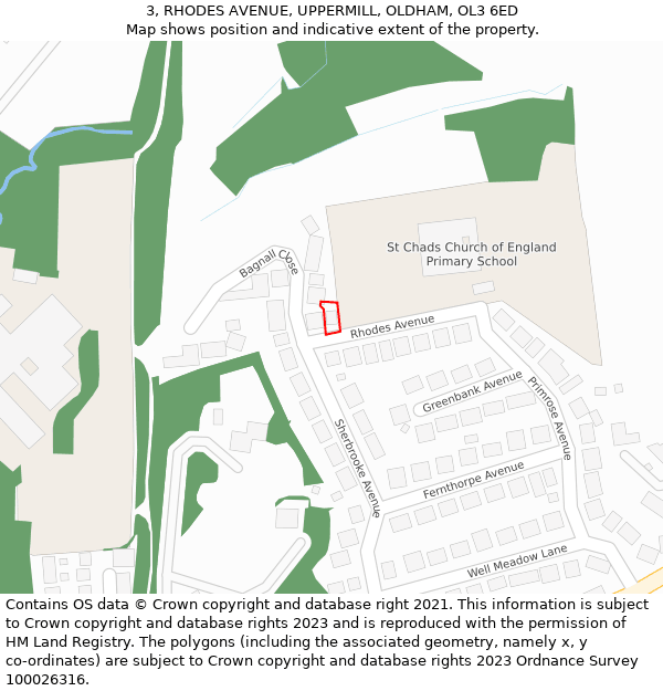 3, RHODES AVENUE, UPPERMILL, OLDHAM, OL3 6ED: Location map and indicative extent of plot