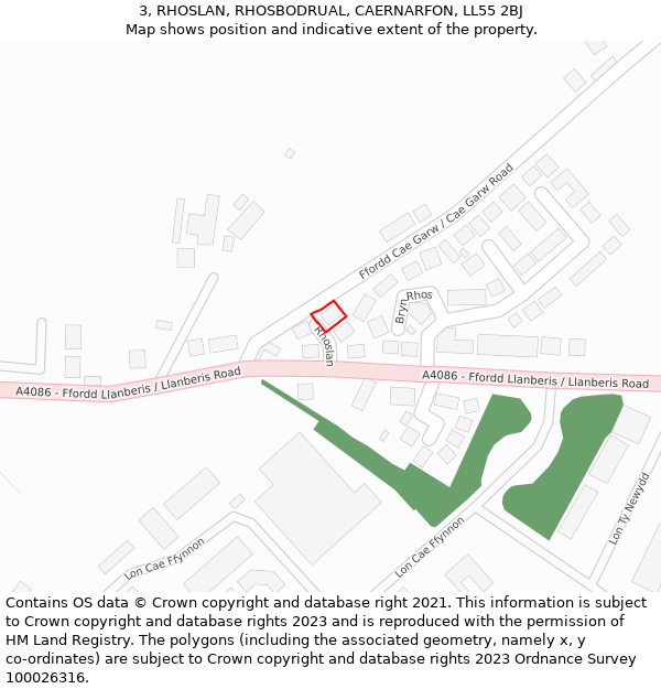 3, RHOSLAN, RHOSBODRUAL, CAERNARFON, LL55 2BJ: Location map and indicative extent of plot