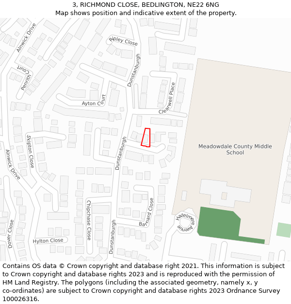 3, RICHMOND CLOSE, BEDLINGTON, NE22 6NG: Location map and indicative extent of plot