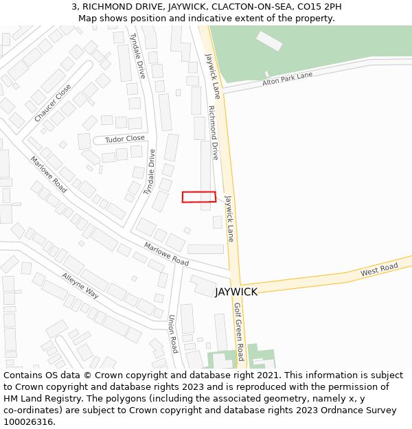 3, RICHMOND DRIVE, JAYWICK, CLACTON-ON-SEA, CO15 2PH: Location map and indicative extent of plot