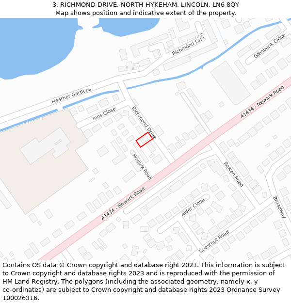 3, RICHMOND DRIVE, NORTH HYKEHAM, LINCOLN, LN6 8QY: Location map and indicative extent of plot