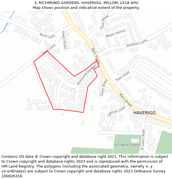 3, RICHMOND GARDENS, HAVERIGG, MILLOM, LA18 4HU: Location map and indicative extent of plot