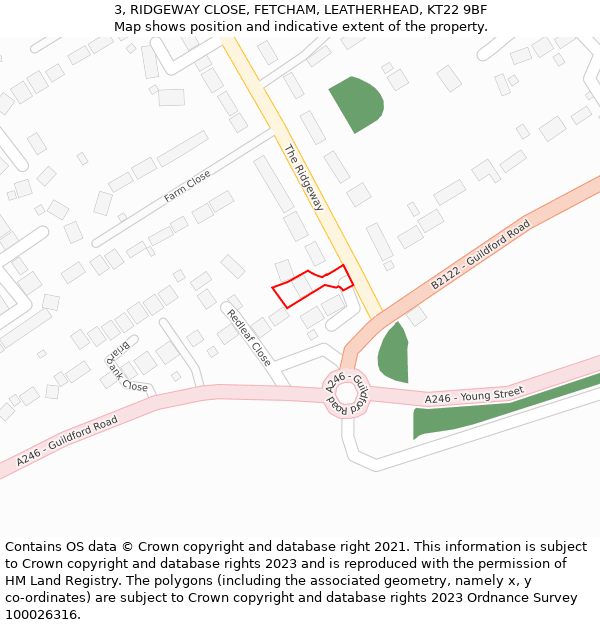 3, RIDGEWAY CLOSE, FETCHAM, LEATHERHEAD, KT22 9BF: Location map and indicative extent of plot