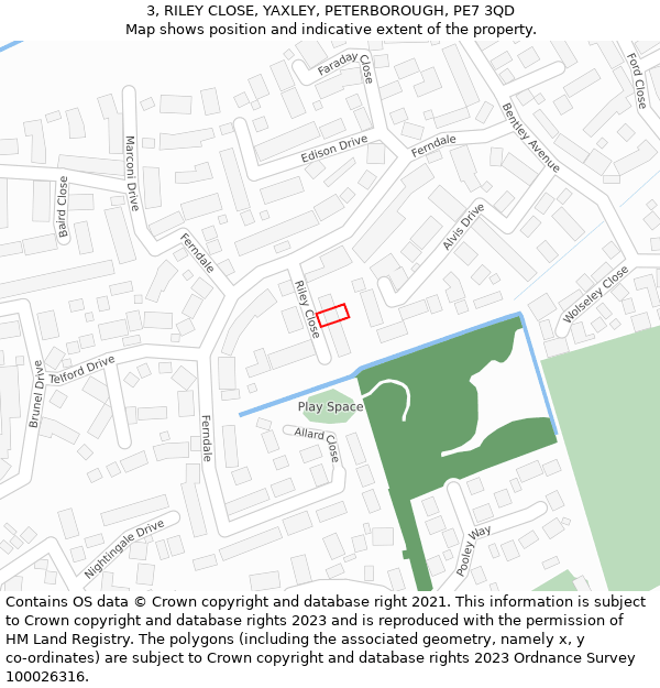 3, RILEY CLOSE, YAXLEY, PETERBOROUGH, PE7 3QD: Location map and indicative extent of plot