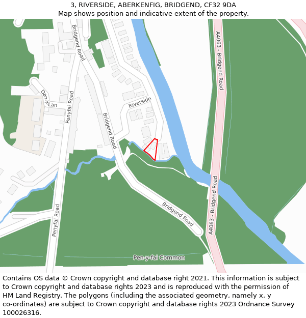 3, RIVERSIDE, ABERKENFIG, BRIDGEND, CF32 9DA: Location map and indicative extent of plot