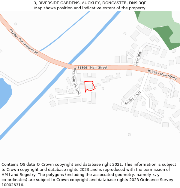3, RIVERSIDE GARDENS, AUCKLEY, DONCASTER, DN9 3QE: Location map and indicative extent of plot